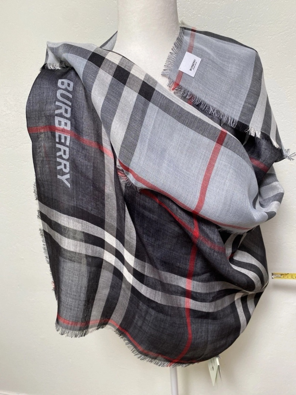 BURBERRY GIANT CHECK SILK & WOOL GAUZE WRAP / SCARF.